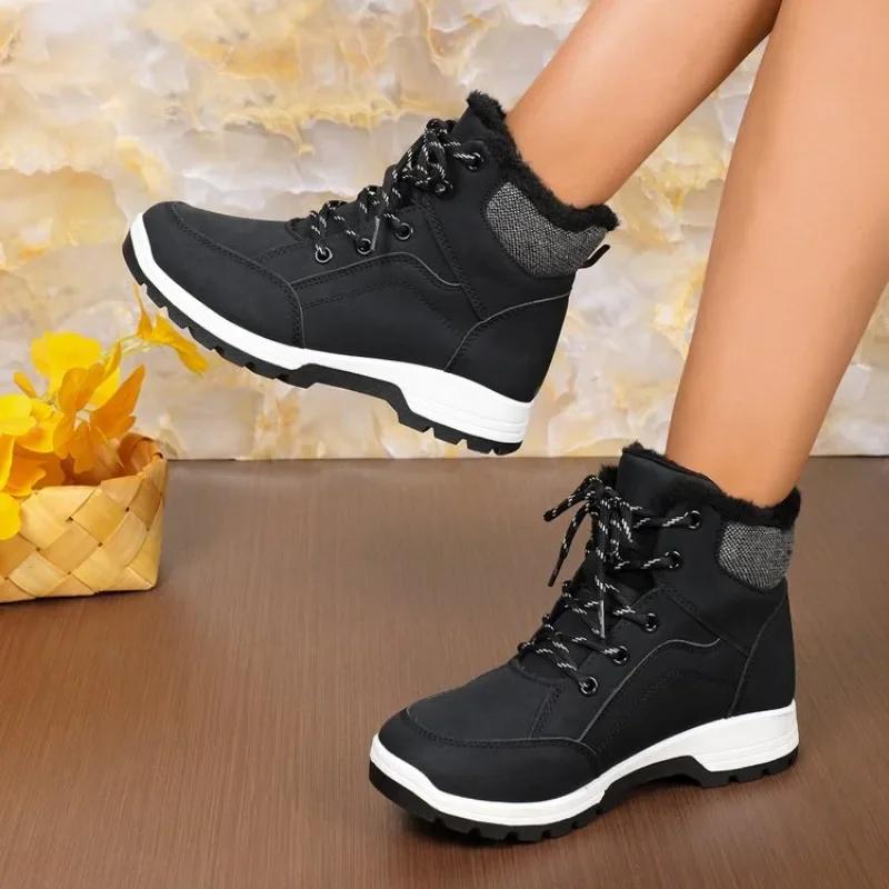 Mode 2024 Heißer Verkauf Schuhe für Damen Schnürstiefel für Damen Winter Runde Zehenpartie Plüschfleece für Wärme Einfarbig Kurzer Schaft Flache Schneestiefel