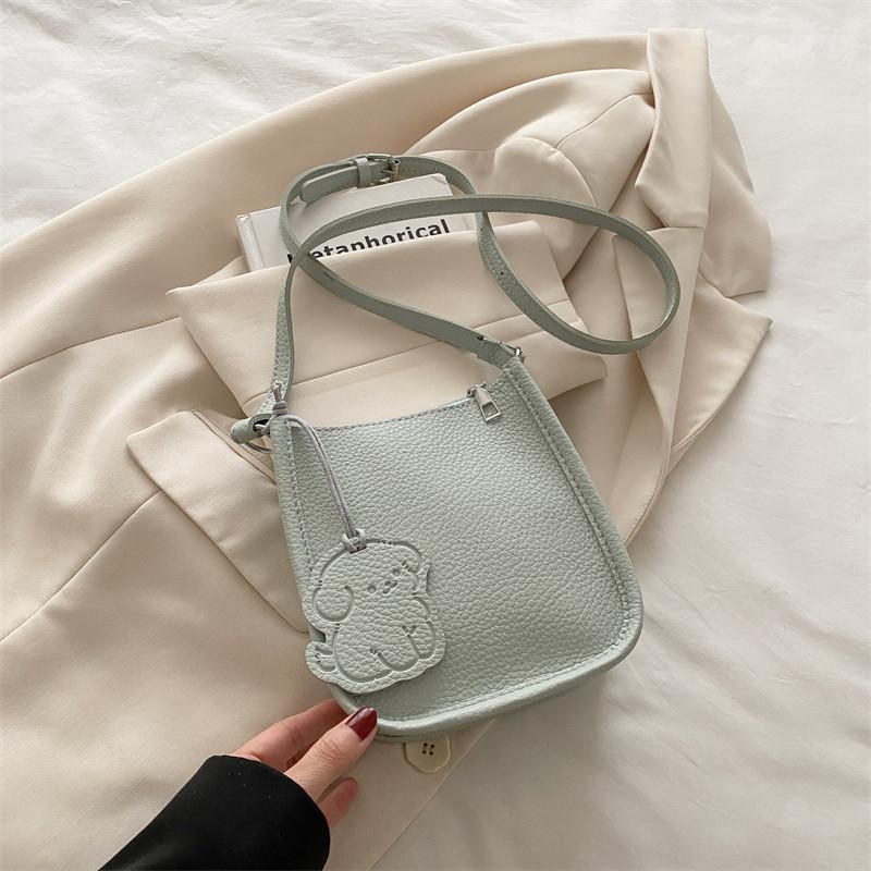 Color Simple Solid Lychee Pattern Embossed Women Square Bag With Pendant Cartoon