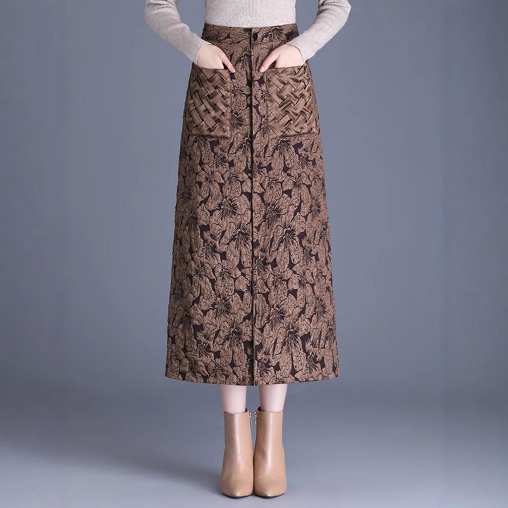 Daunen Baumwollrock für Damen Midilanger A-Linien-Rock Einteilige Winterkleidung Verdickt Warm Jacquard Baumwolle Um Sie schlank aussehen zu lassen