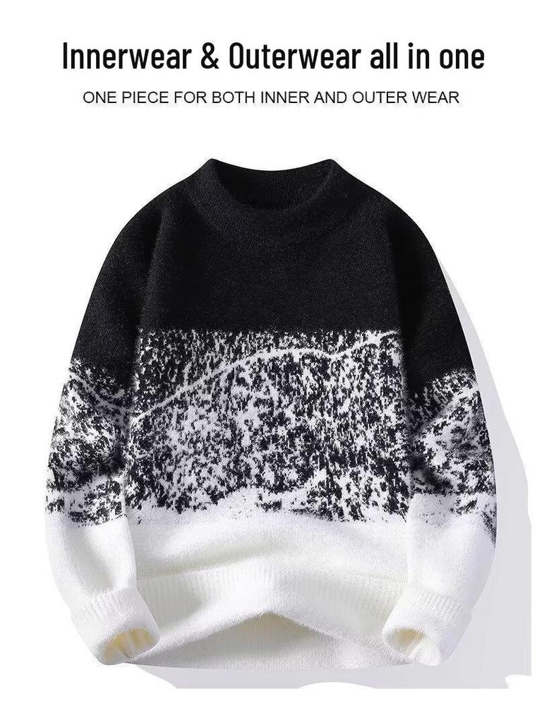Men's Warm Gradient Mink Velvet Sweater - Half-High Collar, Casual Versatile Knitwear for Autumn/Winter