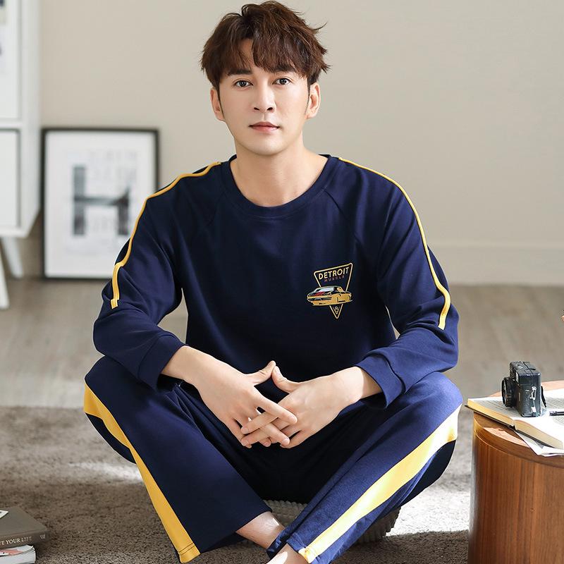 Pijama de manga larga 100 % algodón para hombre: informal, cuello redondo, ideal para usar en exteriores, perfecto para primavera y otoño.