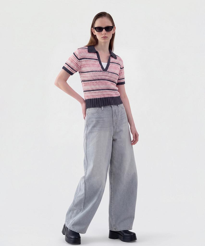 CUTZ Crochet Stripe Open Collar Knit