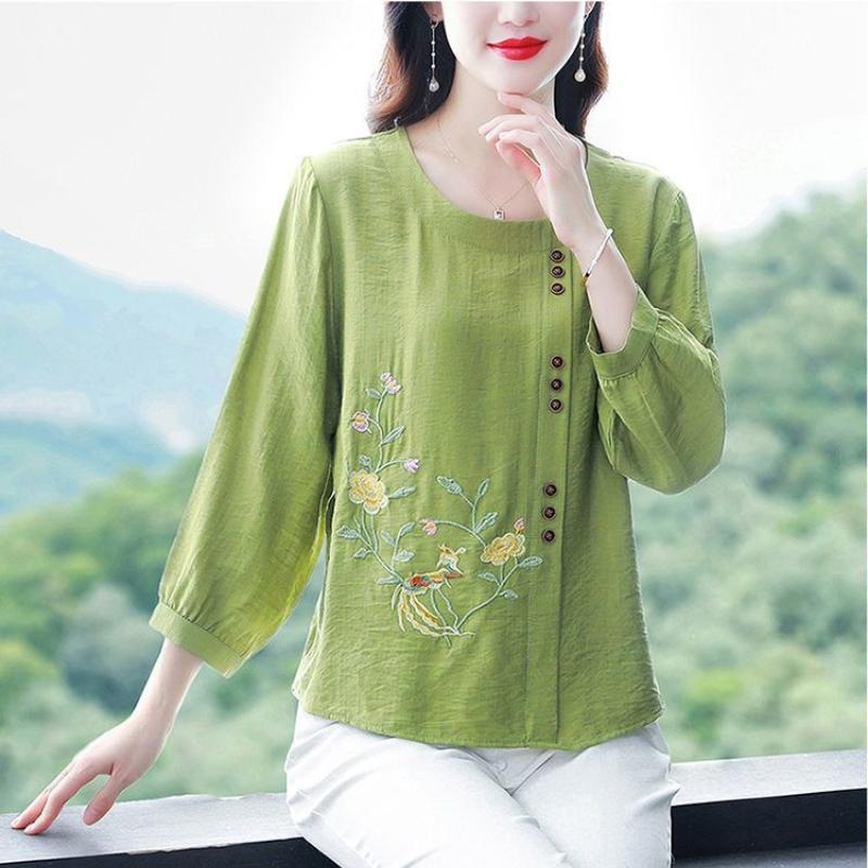 Spring Summer New Women Fashion Casual Office 3/4 Sleeve Embroidery Cotton Linen Big Plus Size Top T-Shirt L-5XL