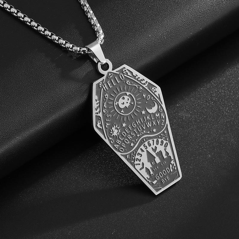 Retro Bat Coffin Castle Badge Stainless Steel Pendant Necklace for Men and Women Punk Halloween Jewelry Gift