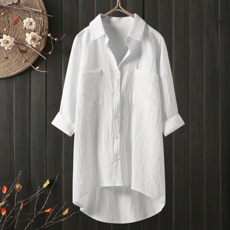 2026 Lente en Herfst Nieuw Dames Casual Stijl Effen Kleur Shirt Katoen Linnen Vest met Dubbele Zakken Lange Mouw Top