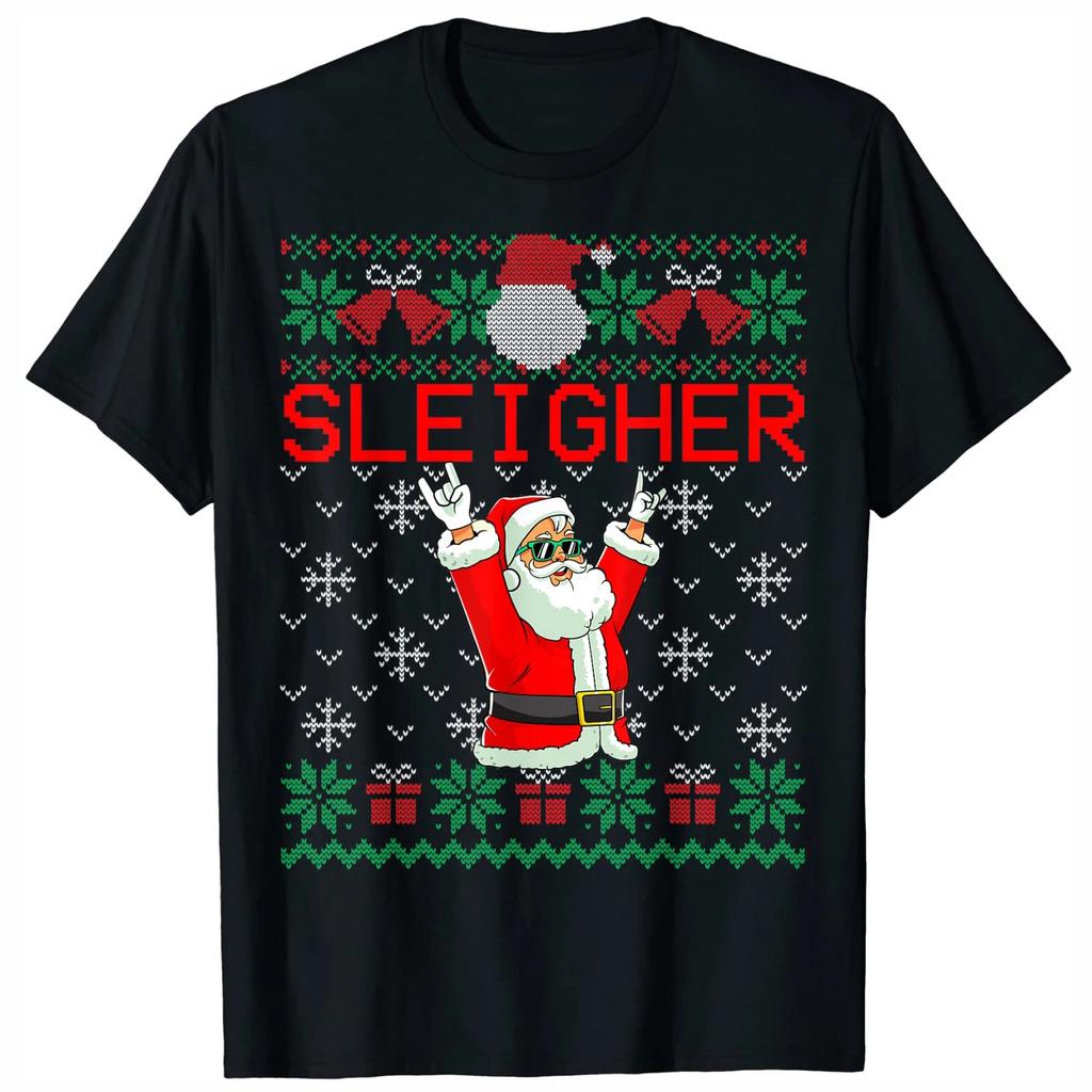 Sleigher Heavy Metal Music Hail Santa Ugly Christmas Sweater TShirt 100 Cotton ONeck Summer Short Sleeve Casual Unisexs Tshirt
