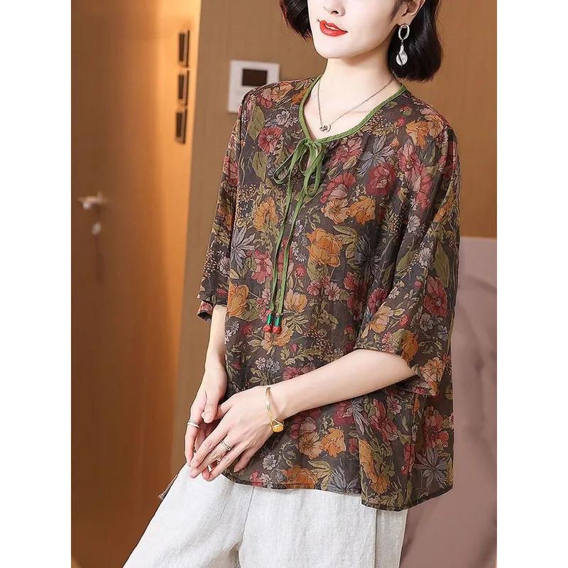 

Летняя свободная шифоновая блузка с коротким рукавом для женщин среднего и пожилого возраста XL коричневый