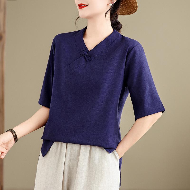 Vintage V-neck Cotton Linen Hanfu Top - Mid-sleeve Zen Tea Ceremony Shirt