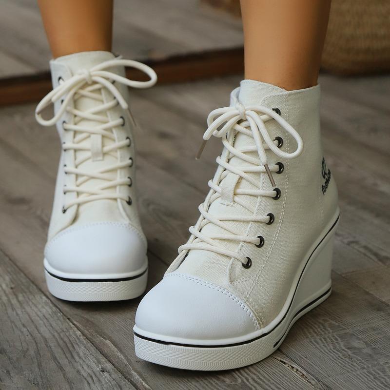 Modische Damen-Ankle-Boots mit dicker Sohle Keilabsatz Canvas-Schuhe 2024 Neuer Stil Schlichter Trend Lässige Mode Winter Walking Klassisch