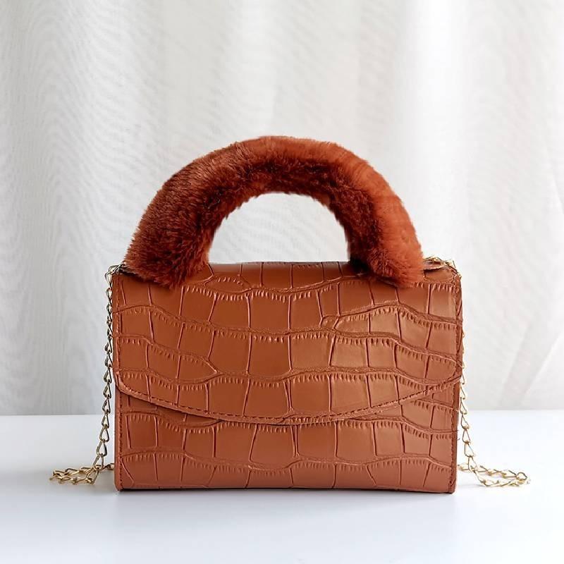 

2021 Women Handbag Small Package Korean Plush Stone Pattern Square Bag White коричневий