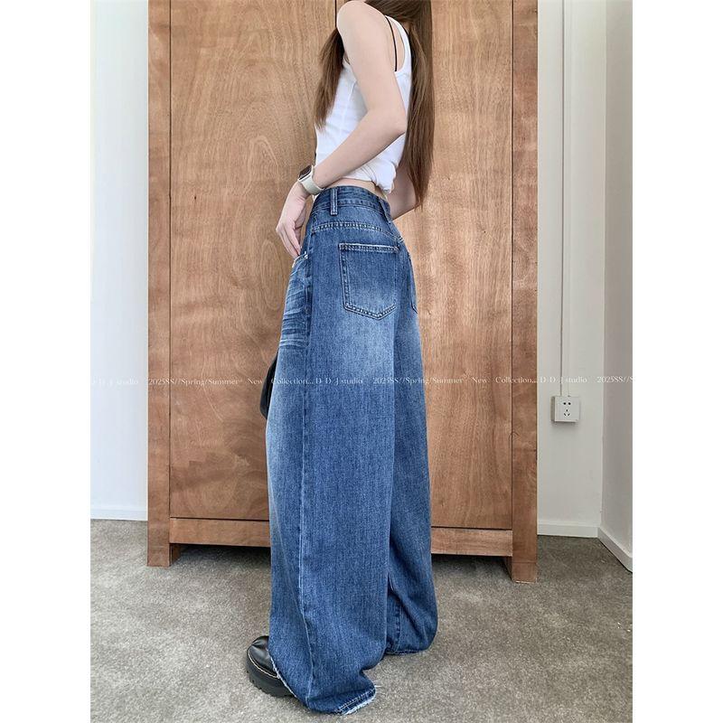 American Retro Washed Blue Denim Women's Autumn Loose All-Match Wide Leg Pants High Waist Straight Mopping Pants Pants