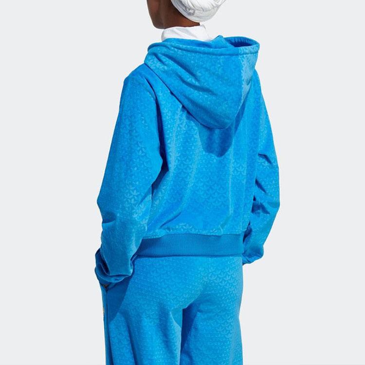 adidas Originals Trefoil Logo Print Zip Hoodie With Drawstring Women Tops Blue IB2046