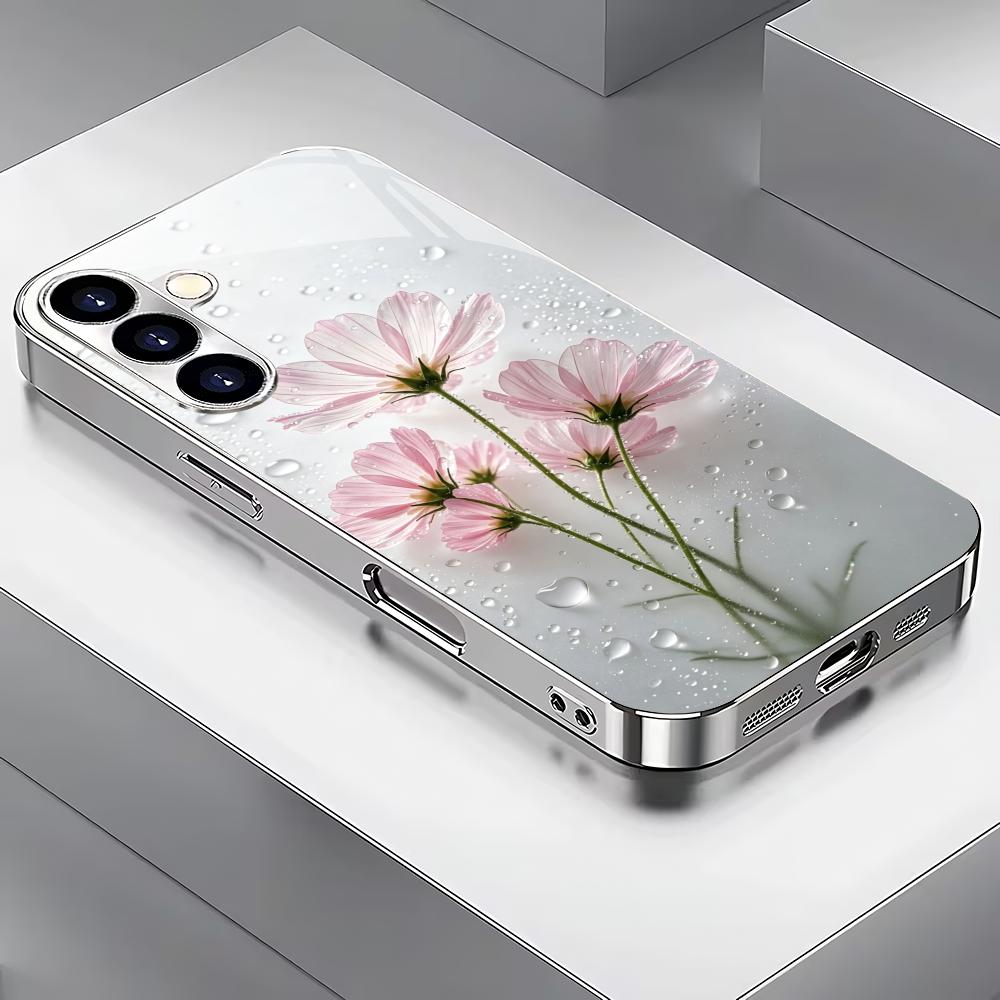 Water droplet flower electroplated glass phone case suitable for Samsung Galaxy S26 S25 S24 S23 S22 S20 FE/Ultra/Plus anti drop