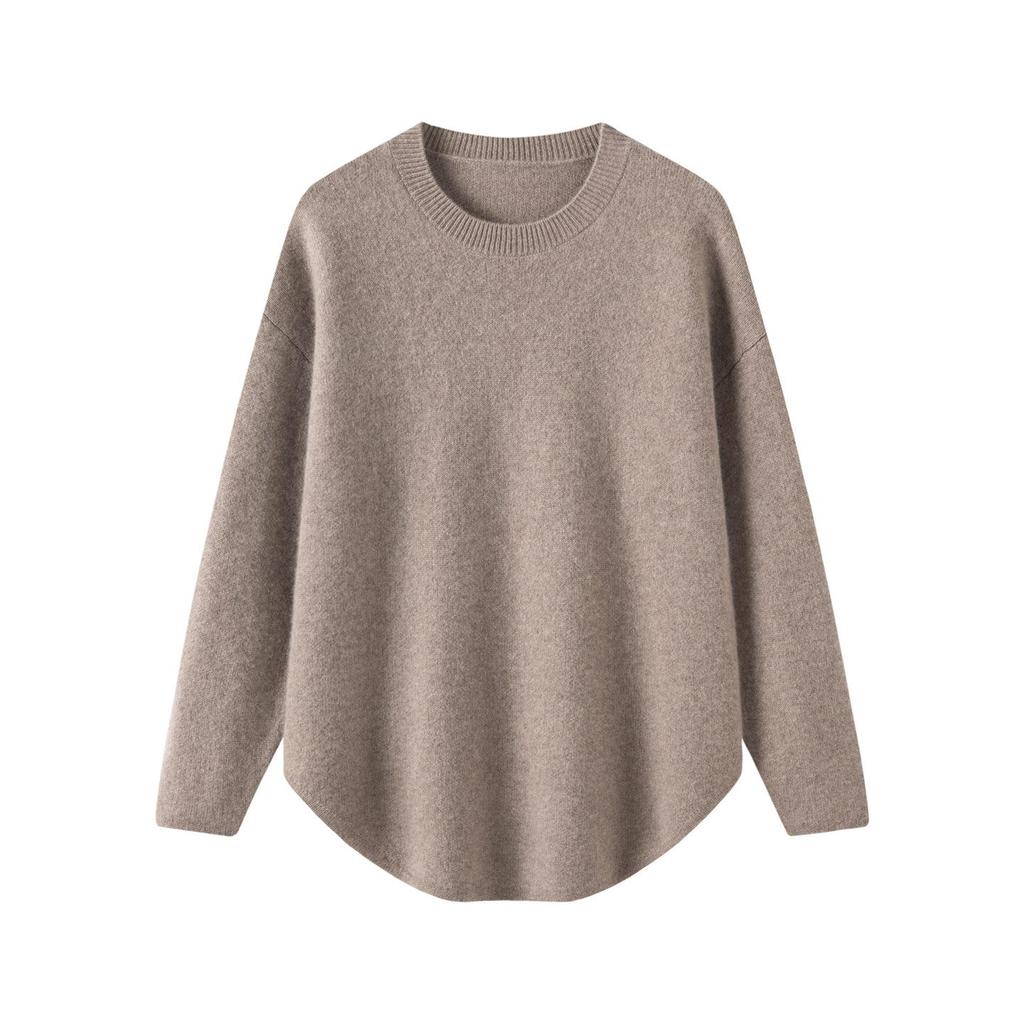 Cashmere Seven-Stitch Round Neck Loose Mid-Length Split Hem Knitted Sweater