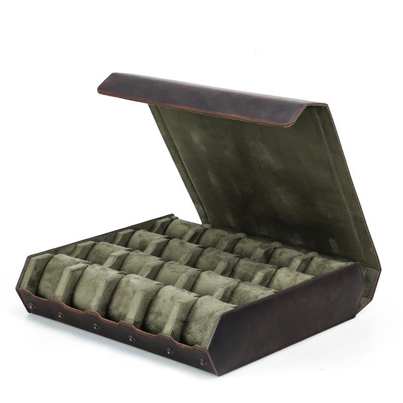 Retro Crazy Horse Cowhide 20-Slot Leather Watch Display Box