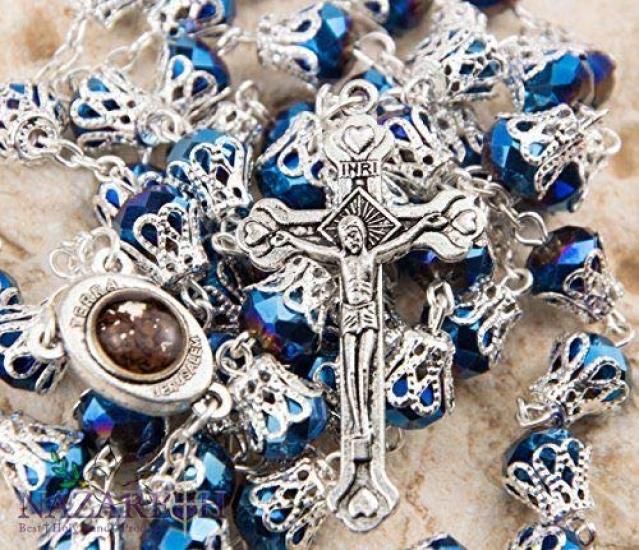 Catholic necklace with deep blue crystal crown beads, rosary, sacred earth medal and cross.