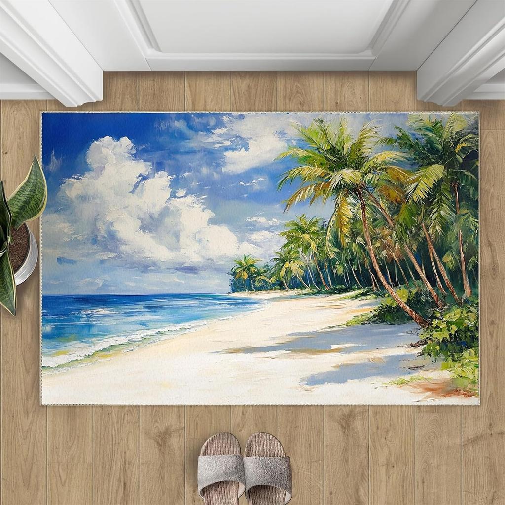 Urlaubsstil Strand Fußmatte Palmen Ozeanwellen Weiße Wolken Druck Urlaubsthema Heimdeko Eingangsteppich für Wohnzimmer