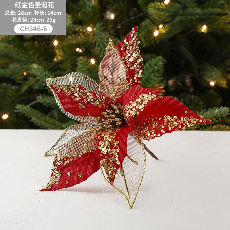 

28СМ липкая пудровая ткань рождественский цветок сетка пайетки украшение имитация цветка рождественская елка оконное украшение цветочная композиция красный