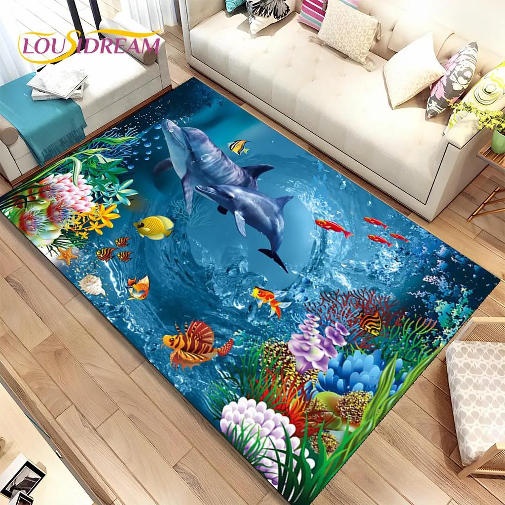 3D Illusion Seabed Underwater World Dolphin Shark Area Rug,Carpet Rug for Living Room Bedroom Sofa Doormat,Non-slip Floor Mat