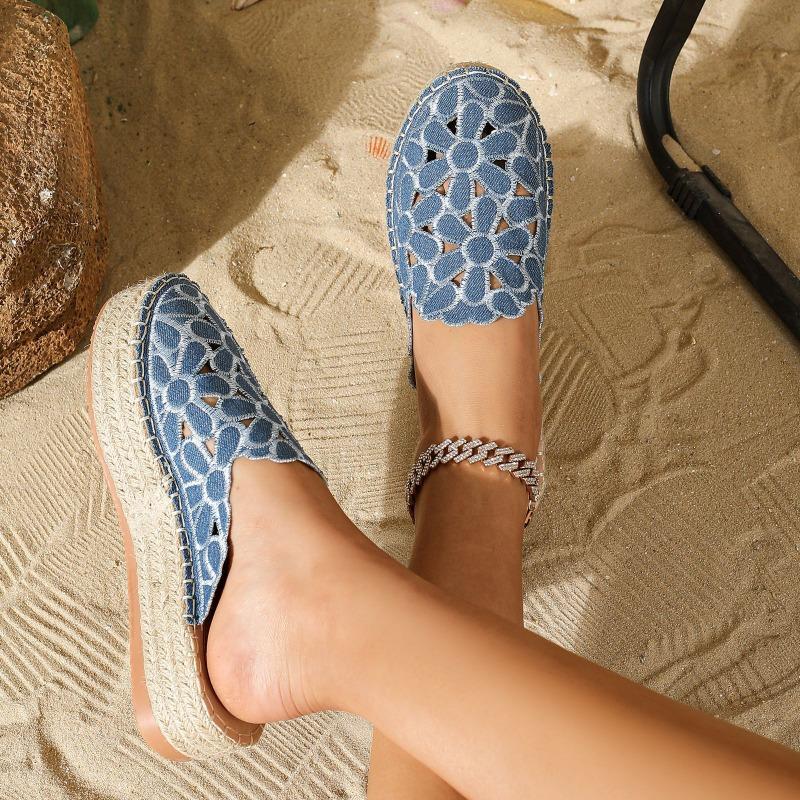 Fashion Size 36 41 Flat Shoes Female Slippers Women Summer Slides Fretwork Hemp Thick Heels Loafers Cover Toe Sandals Sandalias De Mujer