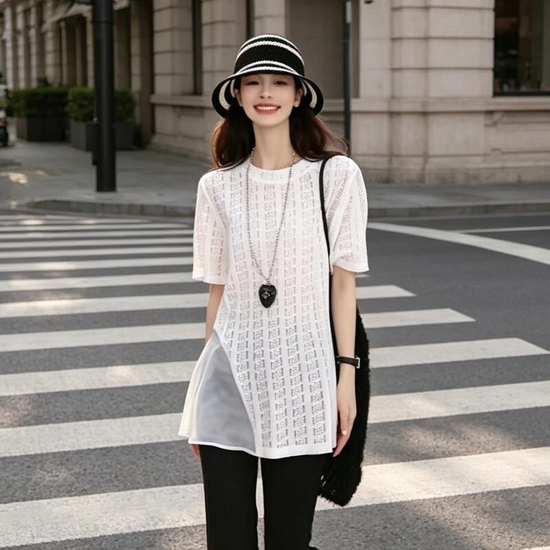 Women s Loose Striped Hollow Knit Short Sleeve T-shirt M белый