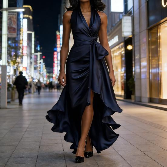 Damen Rüschen Satin High Low Ballkleid Ärmellos V-Ausschnitt Neckholder Bindegürtel Midi Kleid Hochzeitsgast Party Cocktailkleid