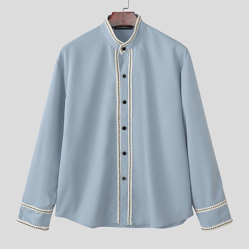INCERUN Men Stand Neck Stitching Buttons Up Casual Long Sleeve Shirts