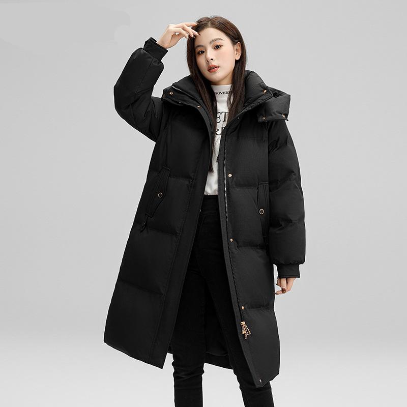 New white duck down jacket women's winter fox fur collar hooded thickened knee medium and long coat