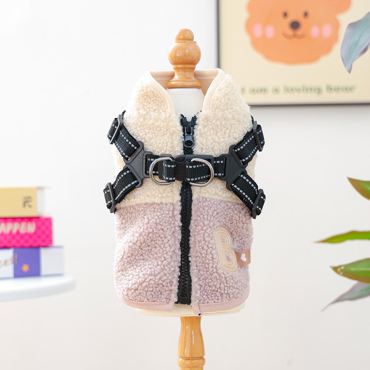 

1-piece Pet Clothes, Dogs, Cats, Autumn and Winter Fleece Thickened Warm Vest, Pink and White Splicing Sleeveless Zipper Clothes XS