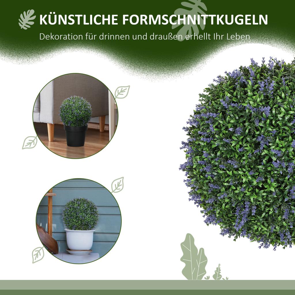 Set of 2 Artificial Plants In Ball Shape, UV-Resistant, Artificial Plants for Indoor and Outdoor Use, 42 Cm, Green+Purple