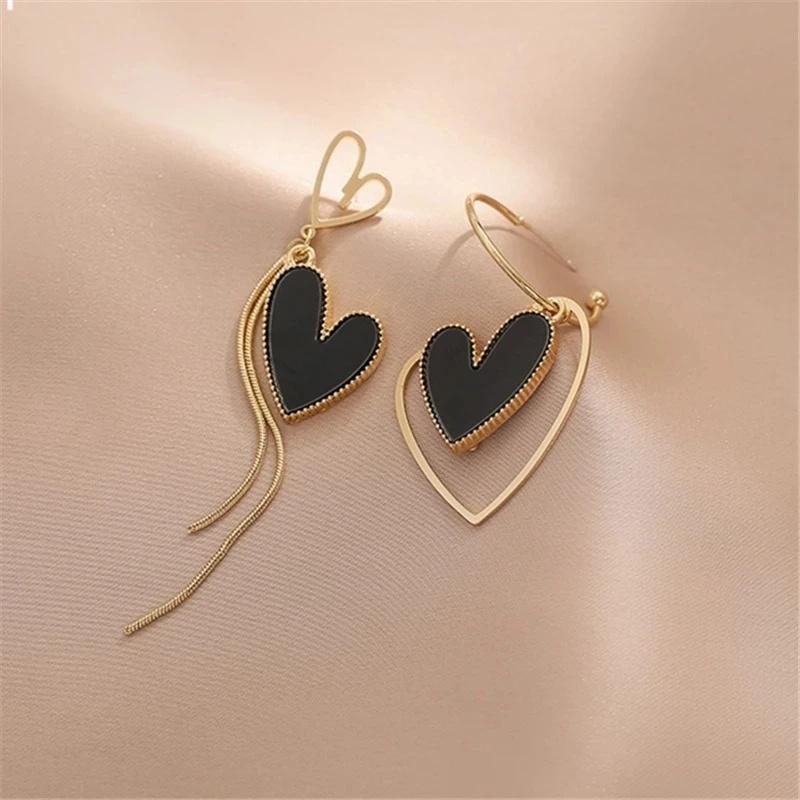 New Asymmetrical Love Heart Tassel Drop Earrings for Women Temperament Black Long Dangle Earring Party Daily Wear Jewelry Gift