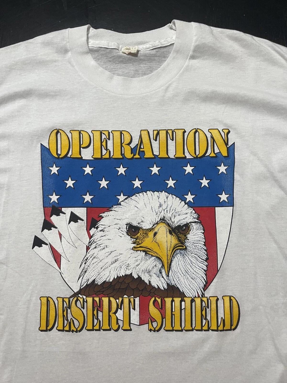 

Vintage 90s Operation Desert Shield 100% Cotton T-shirt Mens Tees Top, White, Faded Tag, Fits: Large M