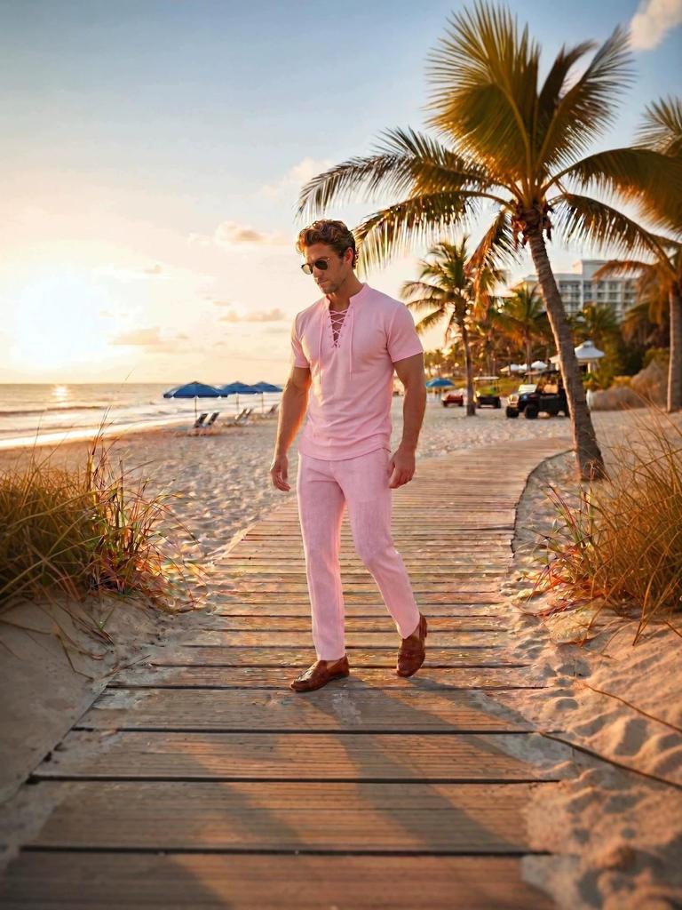 Men's European American Style Casual Sportswear: Tie-up Short Sleeve and Suit Pants Two-piece Summer Set