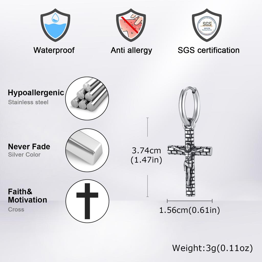 Vintage Crucifix Cross Hoop Earring for Men,Hypoallergenic Stainless Steel Drop Earring,Hip Hop Trendy Jewelry