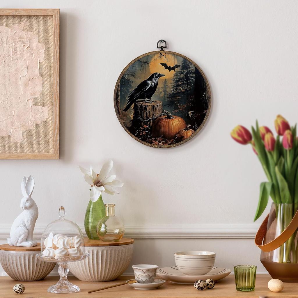 KFXHANGD Halloween Fall Raven Round Wall Art Framed, Gothic Crow Pumpkin Canvas Wall Art Decor, Halloween Fall Hanging Decor for Kitchen Bedroom