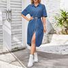 Denim Dress for Women Short Sleeve Jean Dress Button Down Lapel Shirt Dress Summer