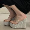 Fashion Eilyken Bling Sequin Cloth Platform Wedges Women Slippers Summer PVC Transparent Open Toe High Heels Banquet Party Shoes