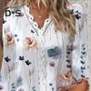 Women Fall Top V Neck Lace Patchwork Flower Print Long Sleeve Loose Soft Breathable Colorfast Hollow Out Elegant Commute Lady Blouse