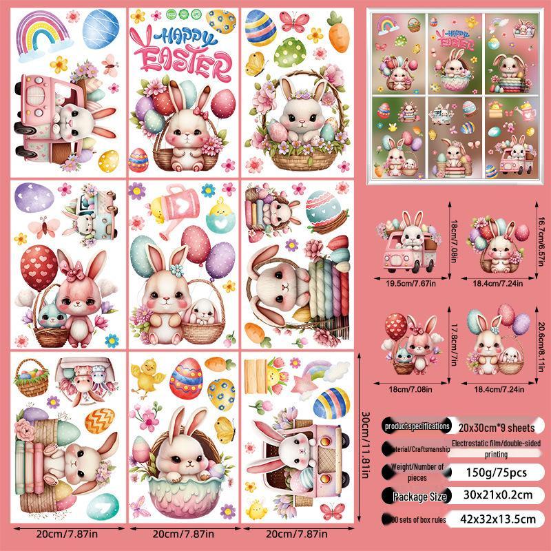 Cartoon Rabbit & Colored Eggs Static Cling Window Decor Stickers for Easter