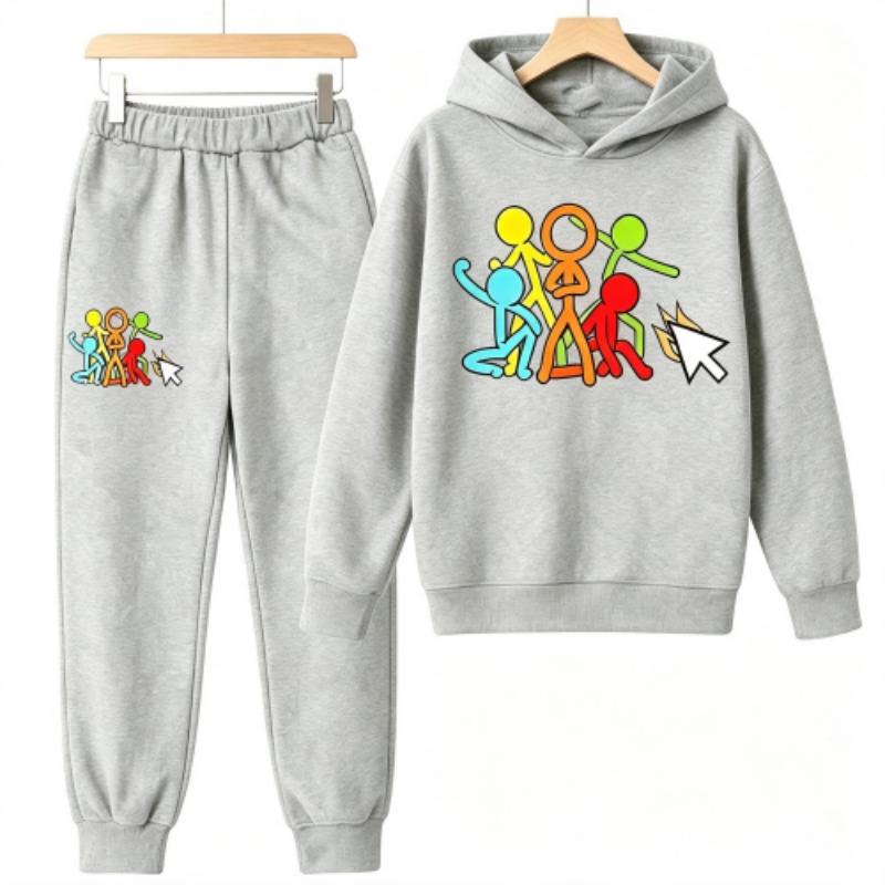 Creative Character Actions Print Kids Pullovers Pants 2-piece Set Street Casual Fashion Hoodies Vintage Boy's Girl Clothes