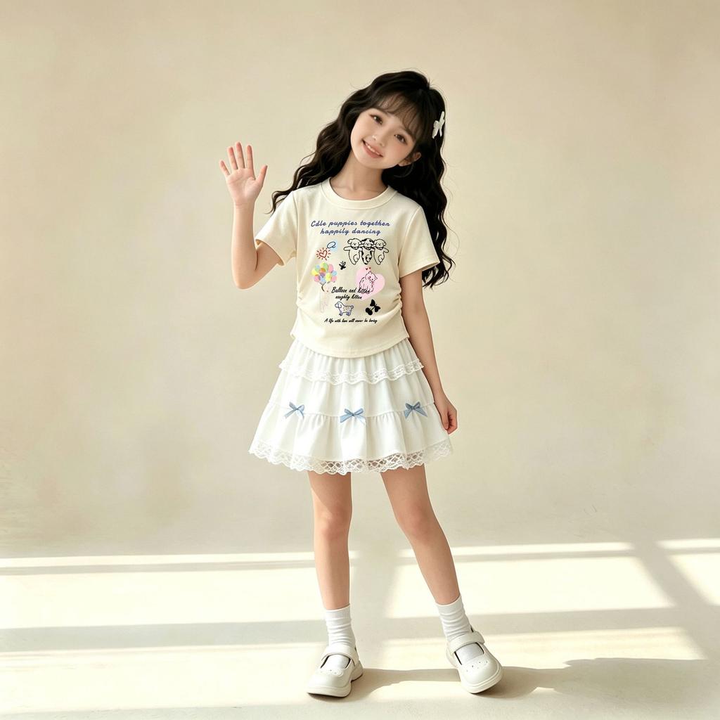 Girls Summer Cartoon Print Short Sleeve Top with Bow Cake Dress Set