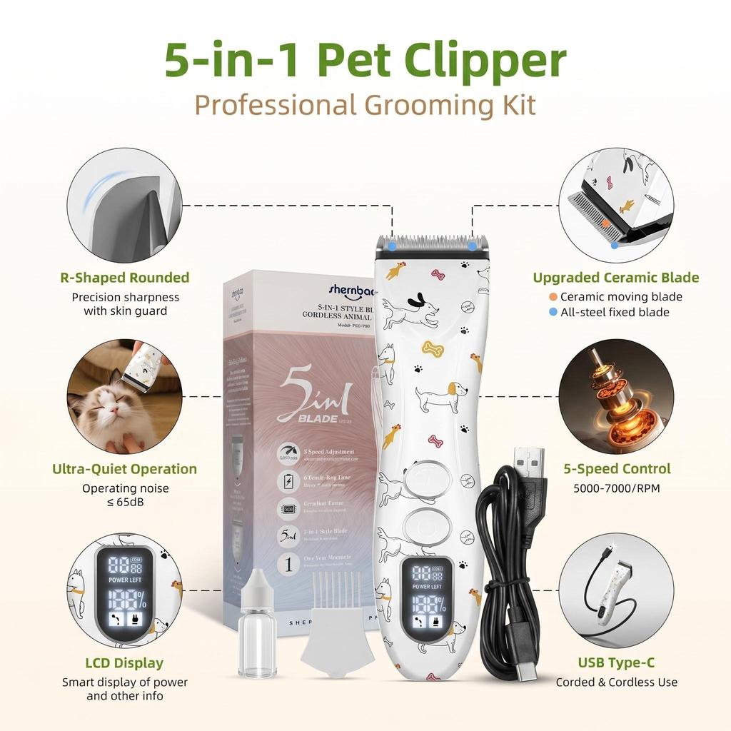Shernbao PGC-780 5 in 1 Tagliacapelli Professionale per Toelettatura Animali Domestici per Cani, Tagliacapelli e Taglierina Multifunzione