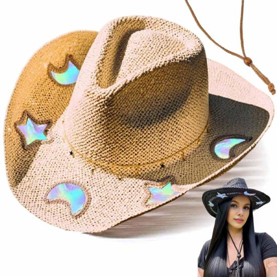 Solvanger Cowgirl Stråhatt Prismatisk Hatt med Bred Brem Vestlig Cowboyhatt med Iridescent Måne Stjerne/Hjerte Håndvevd Sol Strandhatt med Solbriller for Kvinner