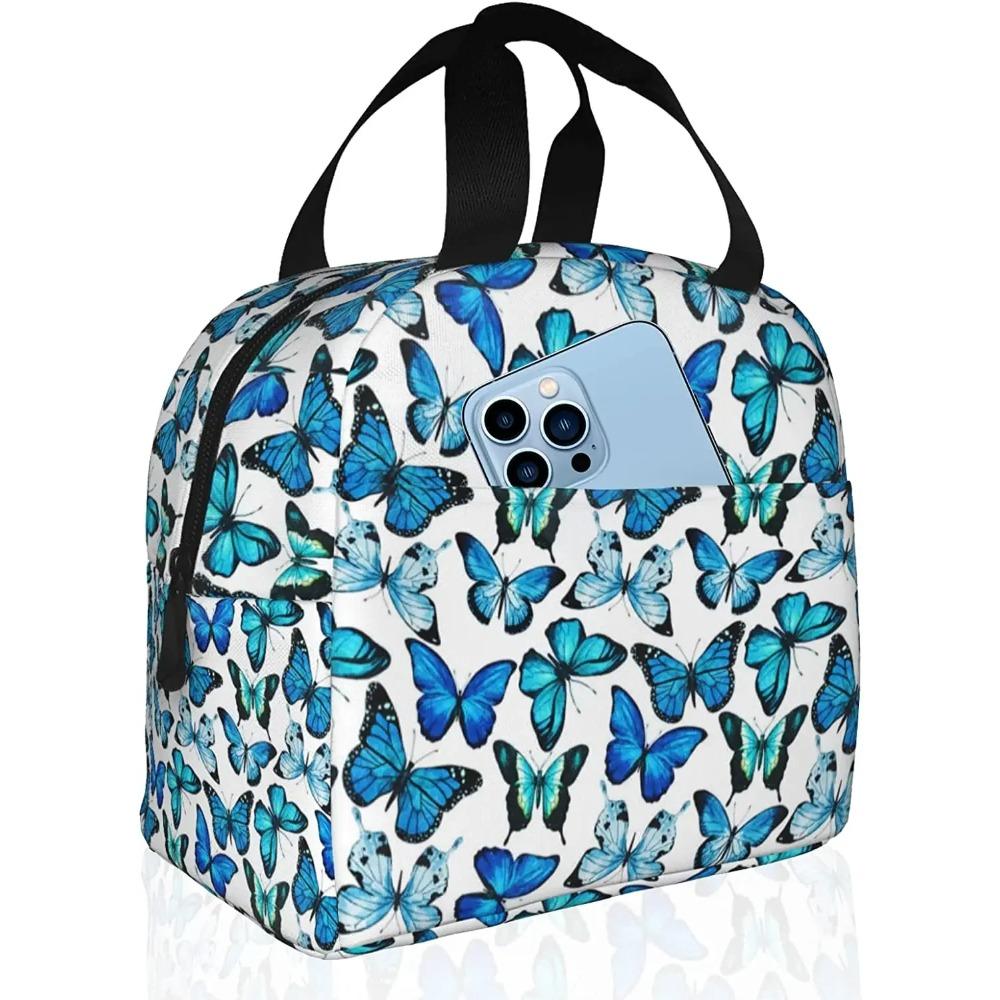 

Изолированная сумка-ланч-бокс для женщин с принтом синей бабочки, симпатичная сумка-холодильник для ланча, термонепроницаемая многоразовая сумка-тоут с карманом 22x20x13CM чёрный