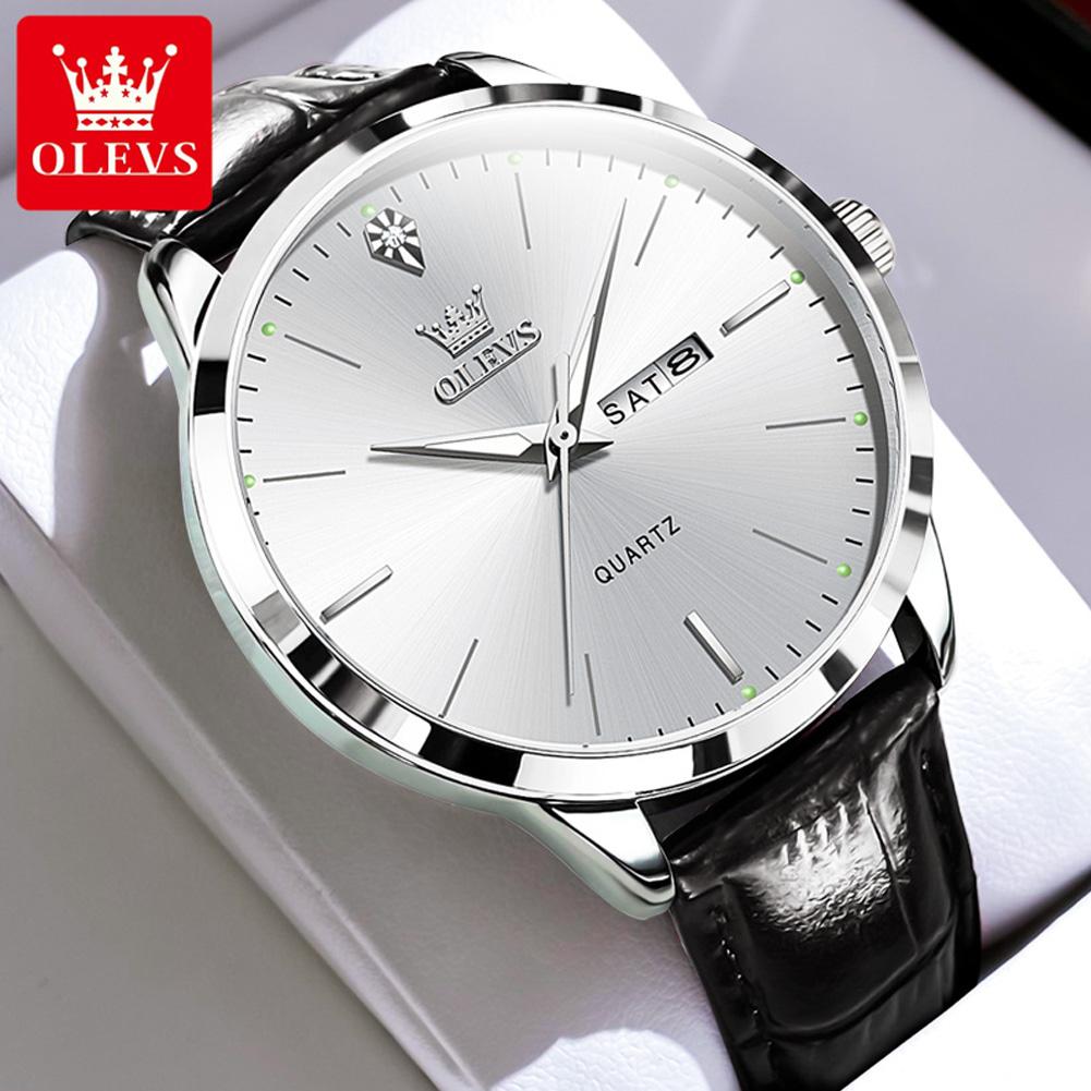 OLEVS Top Original Quartz Watches for Men Simplicity Dual Calendar Large Dial Leather Strap Waterproof Luminous Men's Wristwatch