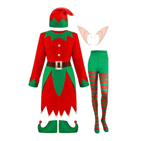 1 Set Christmas Elf Costume Kids Women Elf Outfit Red Green Dress Hat Striped Stockings Elf Ears Shoes Belt Set for Girls Christmas Parties Cosplay