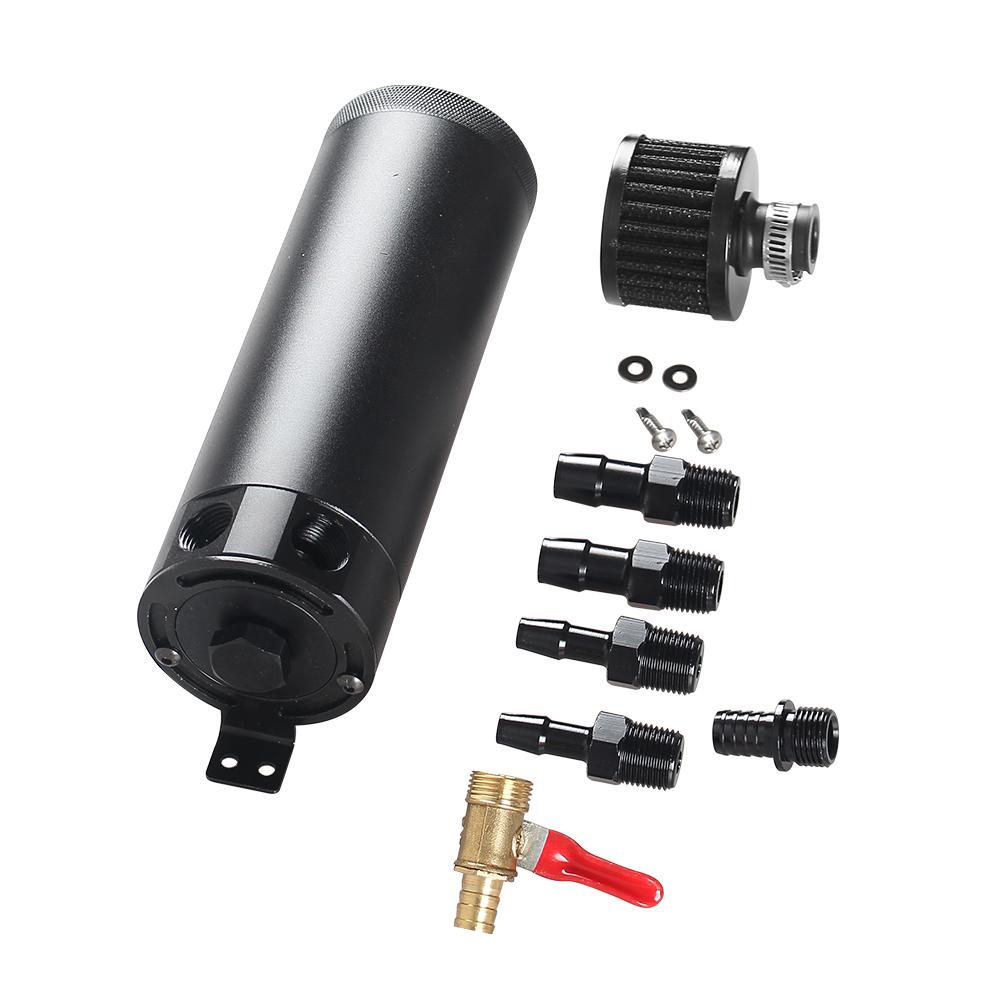 Universal Oil Catch Can with Breather Filter Drain Valve Plug 2-port Billet Aluminum Baffled Oil Separator Reservoir Tank