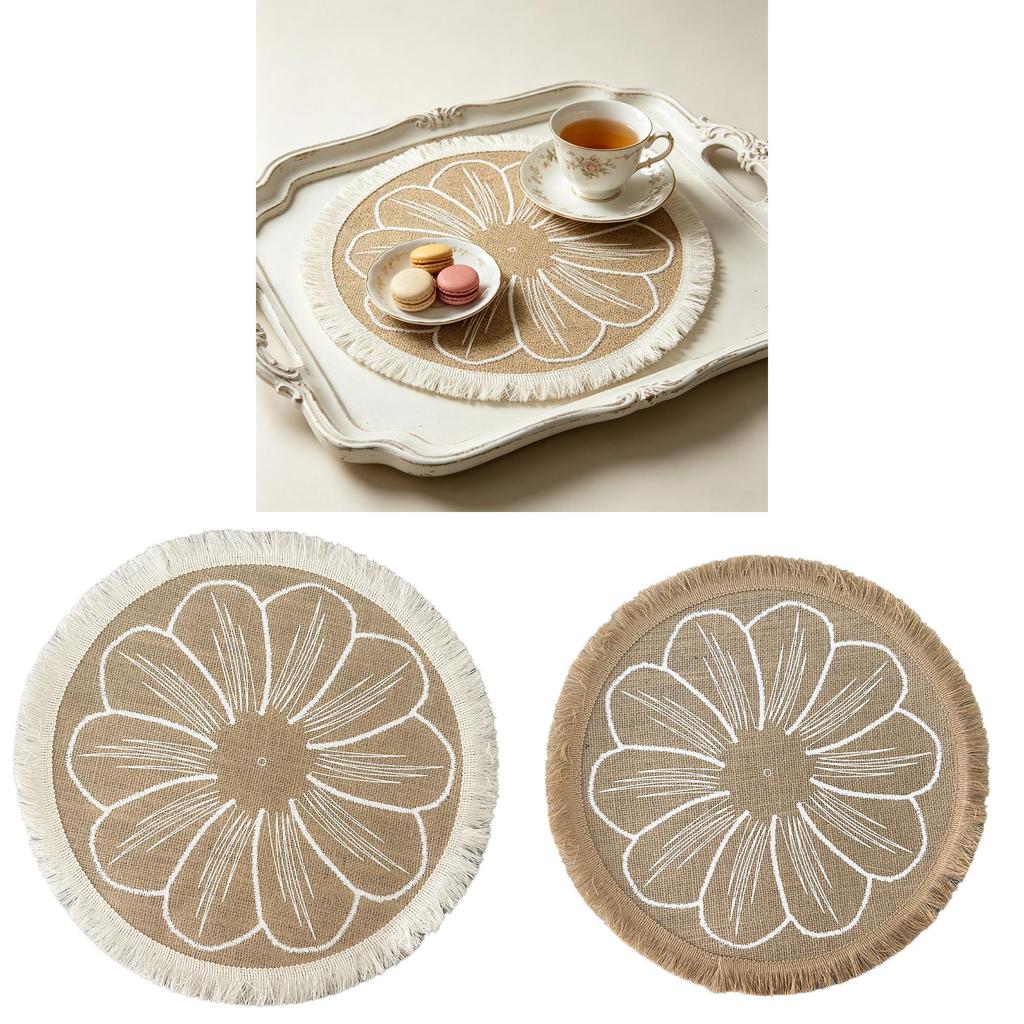 Natural Jute Woven Coaster Set With Floral Pattern For Home Decor And Dining Table