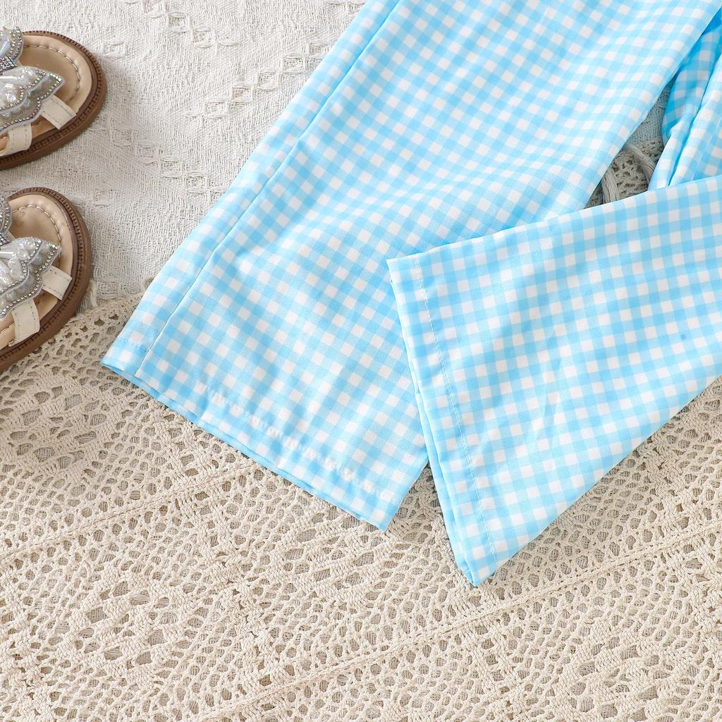 Sommer Süßes Karomuster & Kaninchen Stickerei Set: Trägertop & Weitbeinige Hose für Mädchen