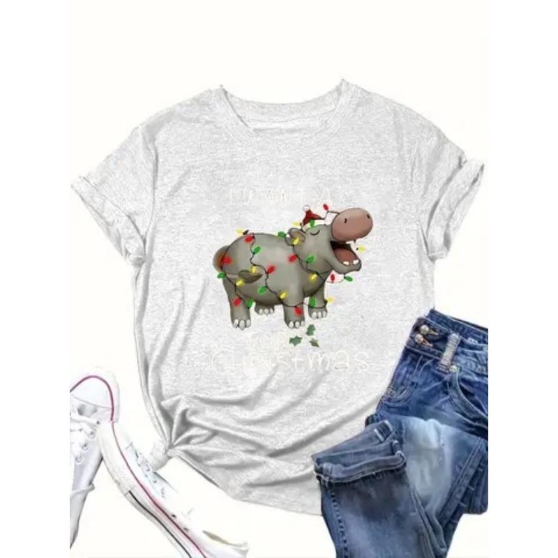 180g Large Size Women'S T-shirt  Hippopotamus As A Christmas Gift"  Casual Crew Neck Short Sleeved Top, Suitable for Holiday